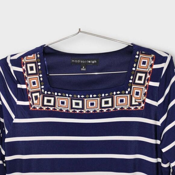 Madison Leigh Womens Dress Sz 8 Long Sleeves Navy Striped Jersey Square Neck - Picture 3 of 11